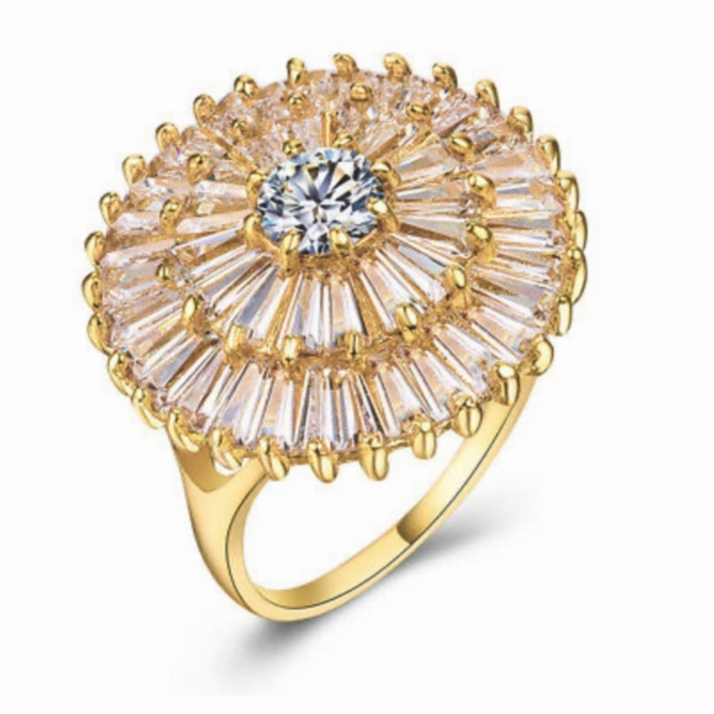 Swarovski Elements Gold Plated Round Starburst Flower Baguette Ring NWT